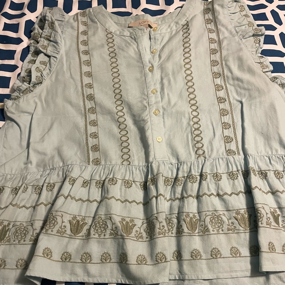 LOFT Light Blue Embroidered Blouse